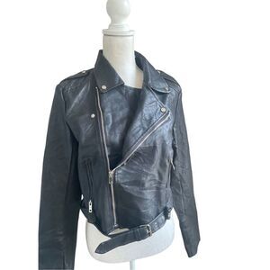 Lulus Women’s Faux Leather Moto Jacket Black L Belted Zippered